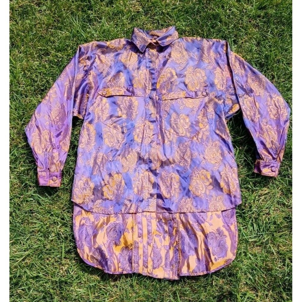 Vintage 80s Flamingo Purple Gold Floral Jacquard Blouse M Dolman Grannycore